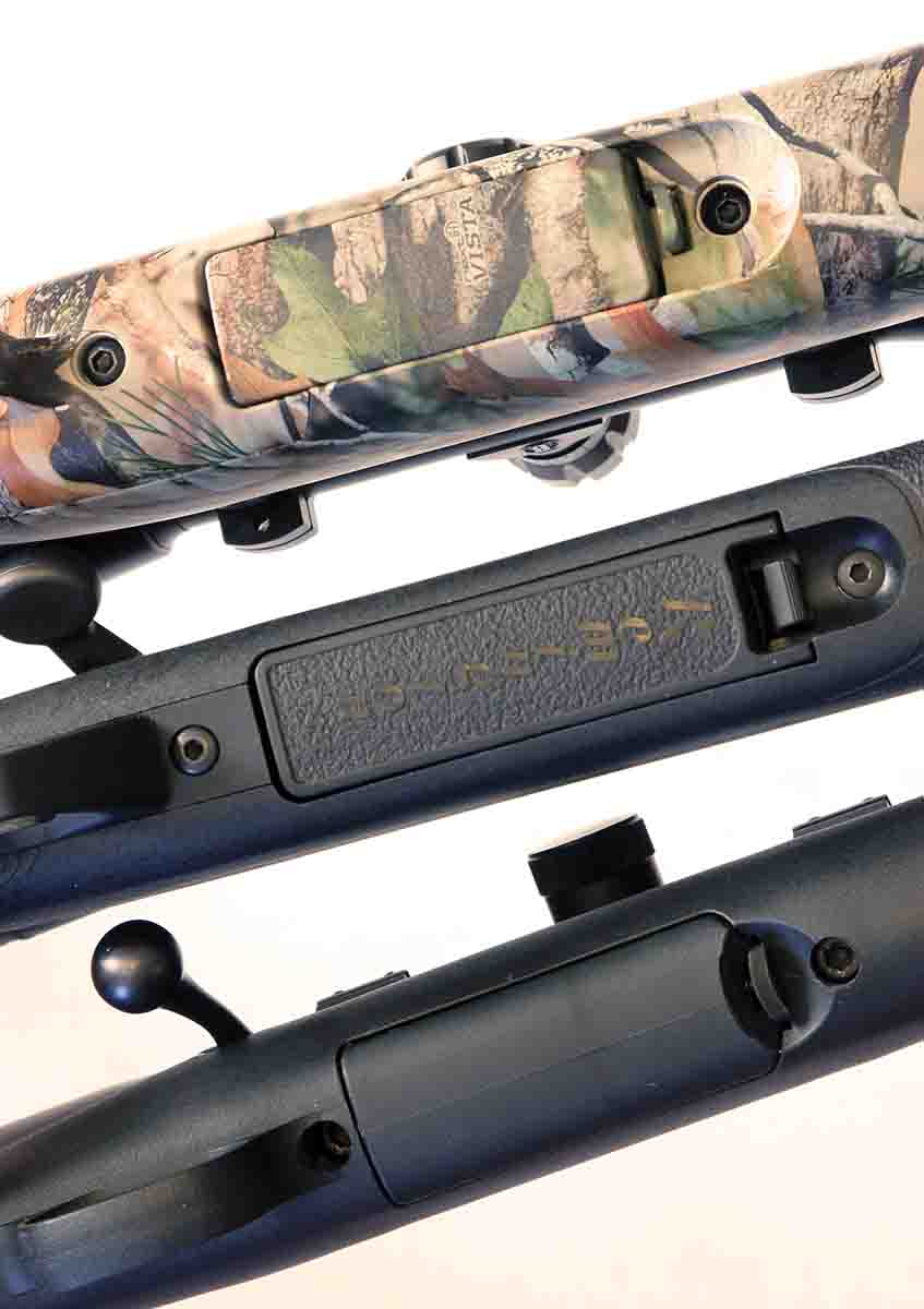 The release buttons for the magazines on these inexpensive bolt-action rifles are conveniently located but are not likely to be bumped and inadvertently released.